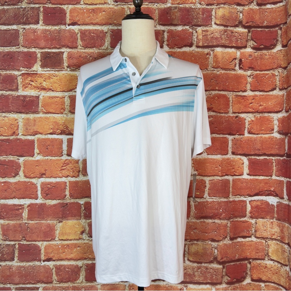 PGA Tour White and Blue Graphic‎ Polo Short Sleeve Shirt UPF 50 Wicking Stretch